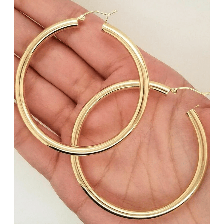 14k Yellow Gold 4MM Round Hollow Hoop Earrings Snap Closure 2 Inches 5.6 Grams