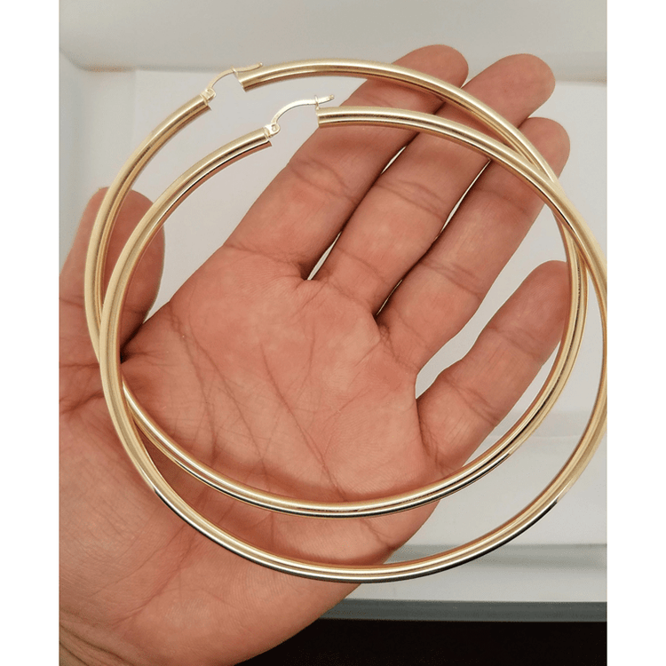 14k Yellow Gold 4MM Round Hollow Extra Large Hoop Earrings Snap Closure 4 Inches 10.3 Grams