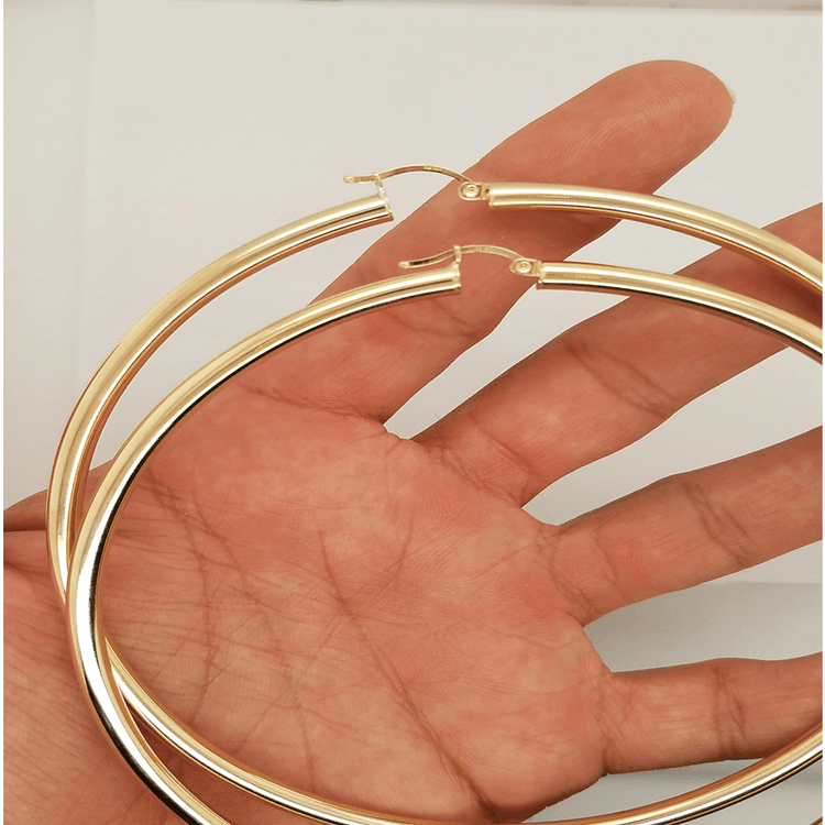 14k Yellow Gold 4MM Round Hollow Extra Large Hoop Earrings Snap Closure 4 Inches 10.3 Grams