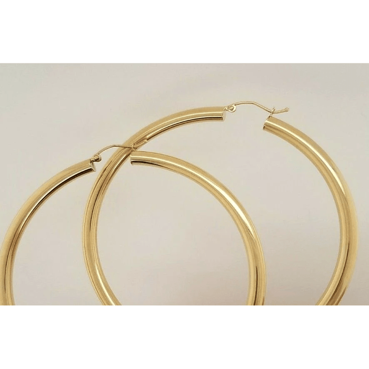 14k Yellow Gold 4MM Round Hollow  Large Hoop Earrings Snap Closure 2.7 Inches 7.4 Grams