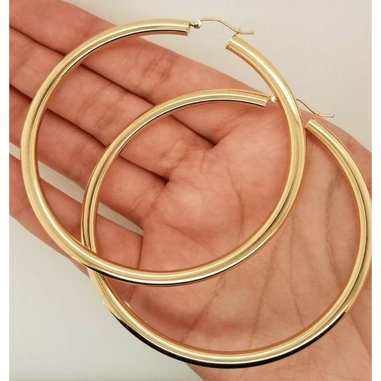 14k Yellow Gold 4MM Round Hollow  Large Hoop Earrings Snap Closure 2.7 Inches 7.4 Grams