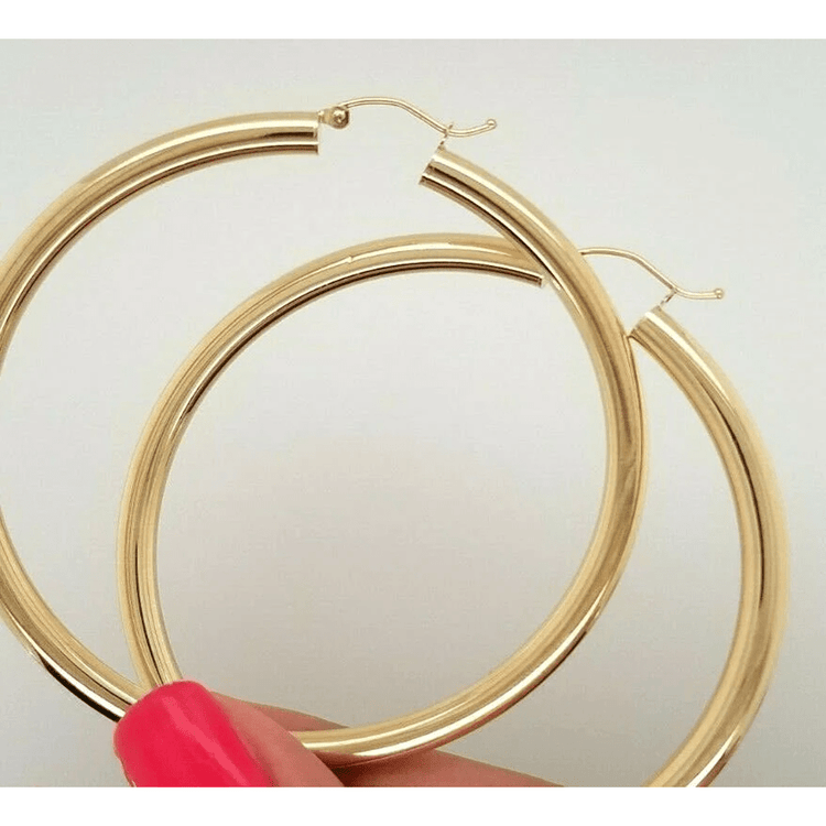 14k Yellow Gold 4MM Round Hollow Large Hoop Earrings Snap Closure 2.5 Inches 6 Grams