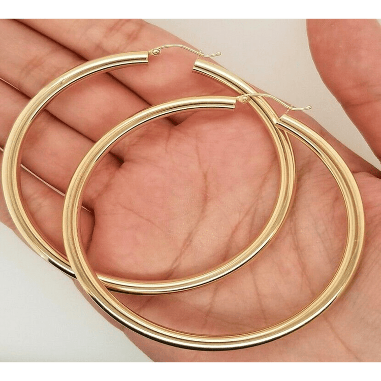 14k Yellow Gold 4MM Round Hollow Large Hoop Earrings Snap Closure 2.5 Inches 6 Grams