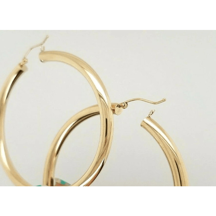 14k Yellow Gold 4MM Round Hollow Hoop Earrings Snap Closure 2 Inches 5.6 Grams