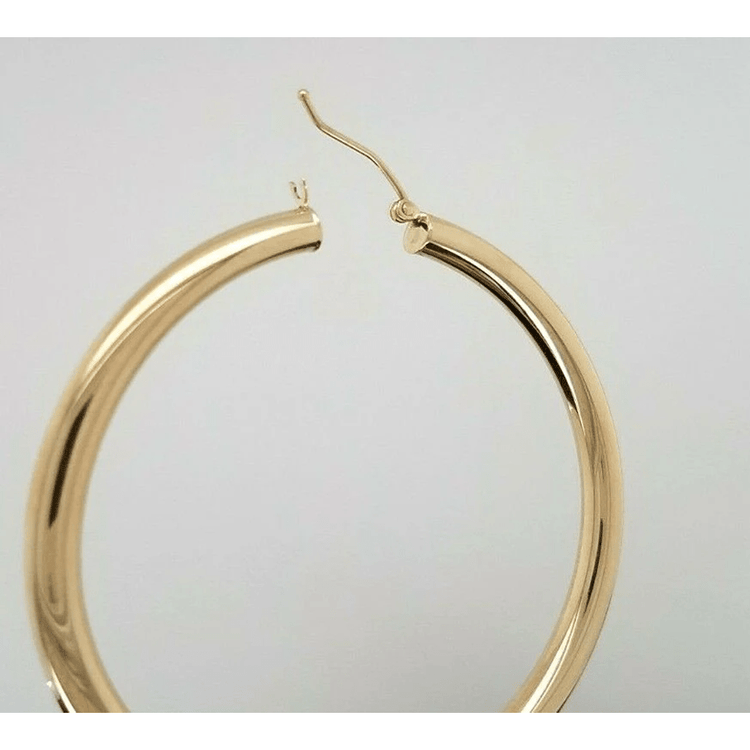 14k Yellow Gold 4MM Round Hollow Hoop Earrings Snap Closure 2 Inches 5.6 Grams