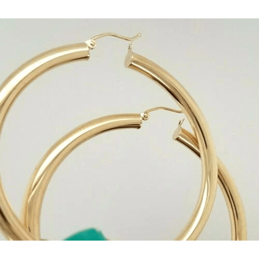 14k Yellow Gold 4MM Round Hollow Hoop Earrings Snap Closure 2 Inches 5.6 Grams