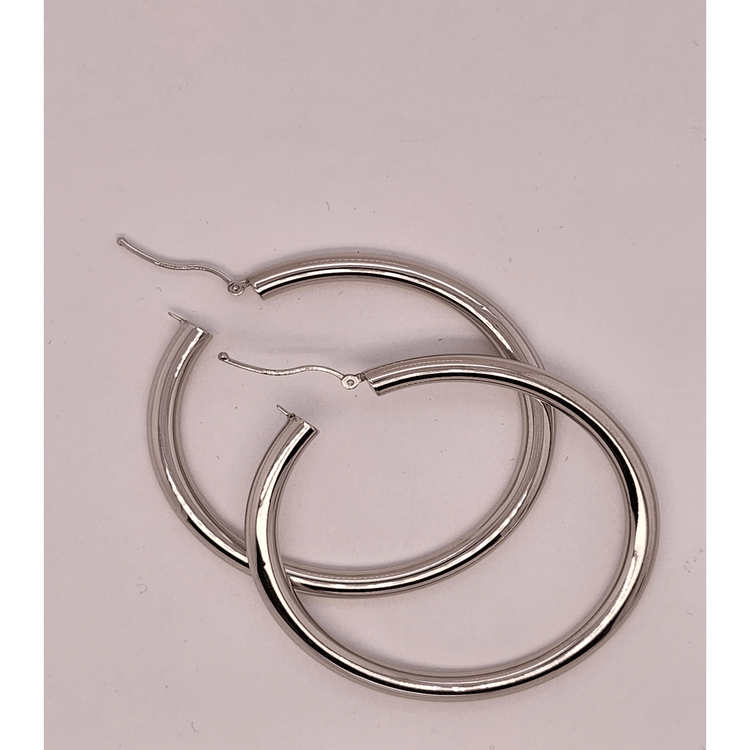 14k White Gold 4MM Round Hollow Hoop Earrings Snap Closure 2 Inches 4.3 Grams