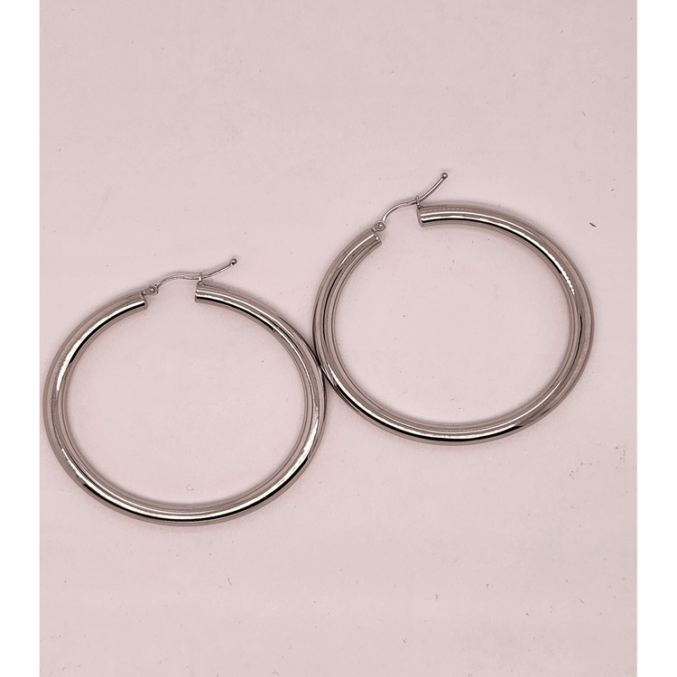 14k White Gold 4MM Round Hollow Hoop Earrings Snap Closure 2 Inches 4.3 Grams