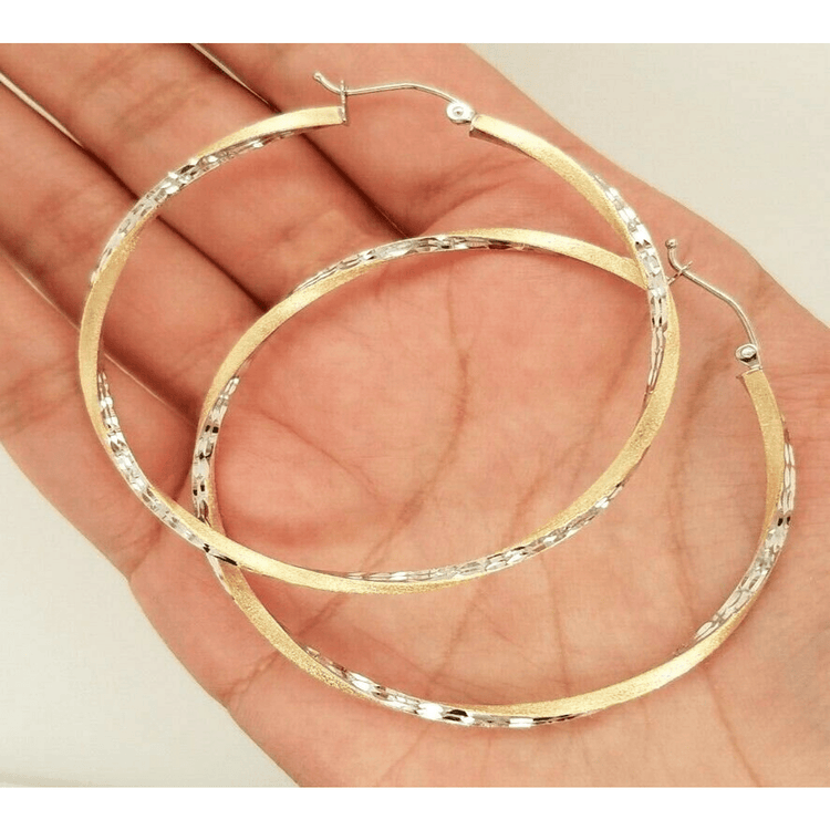 14k Yellow White Gold 2.5MM Hoop Earrings Diamond Cut Snap Closure Twisted Satin 2.2 Inches