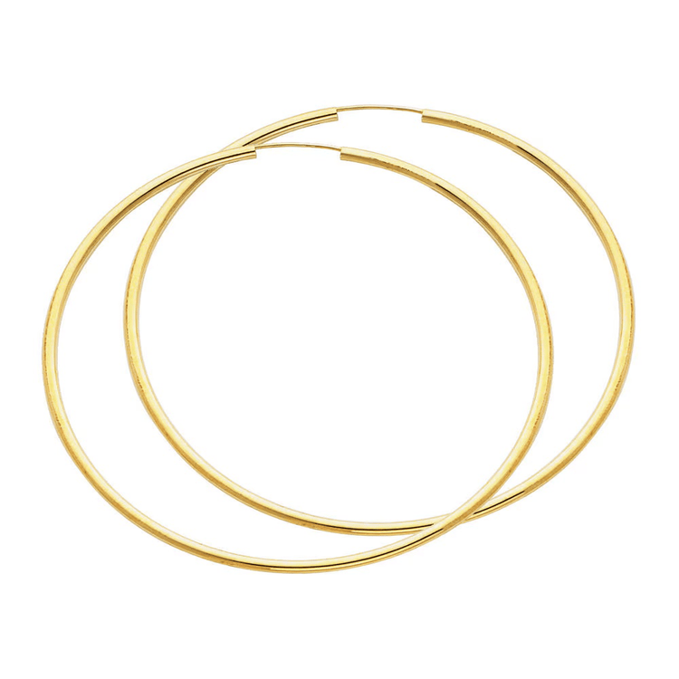 14k Yellow Gold 2MM Lightweight Large Classic Endless Hoop Earrings 2.5 Inches 65MM