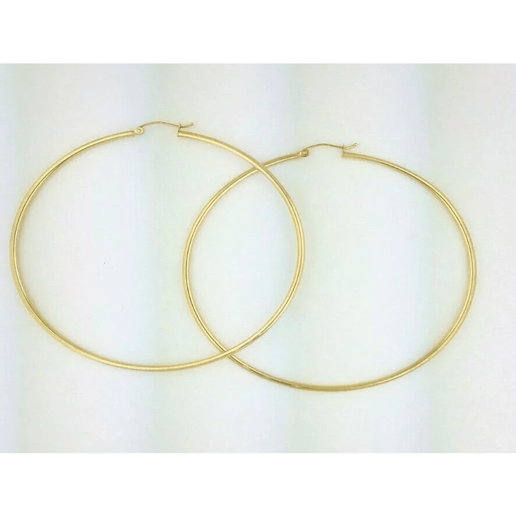 14k Yellow Gold 2MM Round Hollow Hoop Earrings Snap Closure 3 Inches 4 Grams