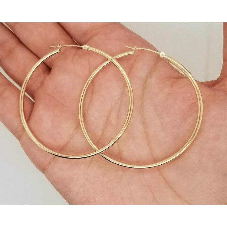 14K Yellow Gold 2MM Large Hoop Earrings Snap Closure 2.8 Grams 50MM