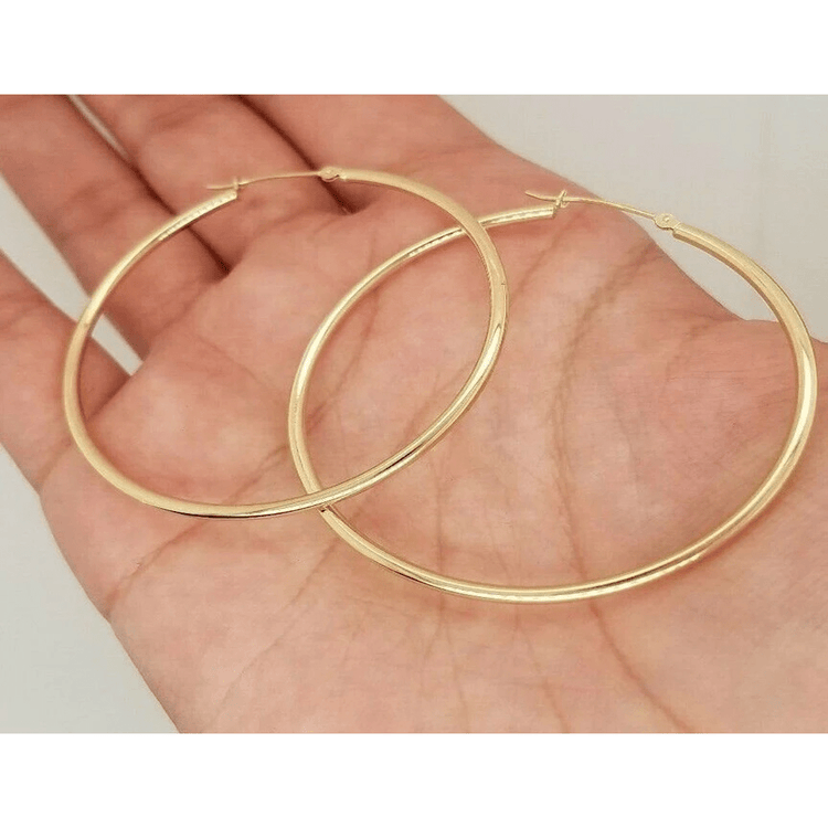 14K Yellow Gold 2MM Large Hoop Earrings Snap Closure 2.8 Grams 50MM