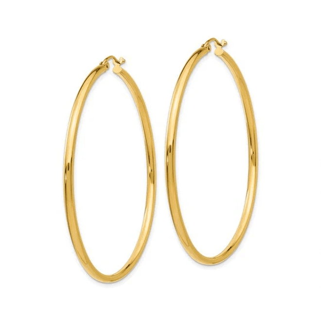 14k Yellow Gold 2MM Round Hollow Hoop Earrings Snap Closure 2.24 Inches 3 Grams