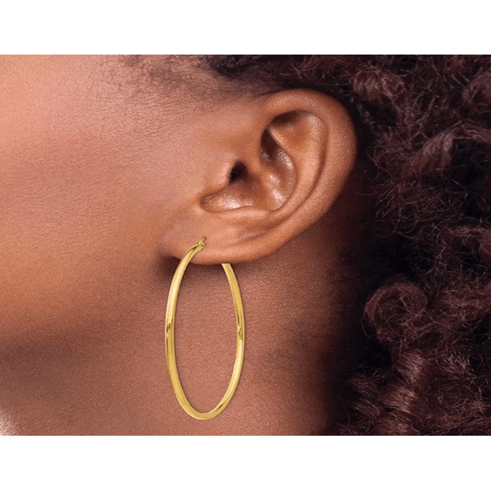 14k Yellow Gold 2MM Round Hollow Hoop Earrings Snap Closure 2.24 Inches 3 Grams