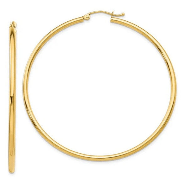 14k Yellow Gold 2MM Round Hollow Hoop Earrings Snap Closure 2.24 Inches 3 Grams