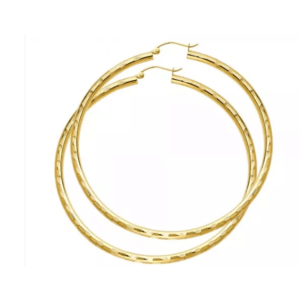 Diamond Cut 14K Yellow Gold 3 mm Round Big Large Hollow Hoop Earrings 2.5