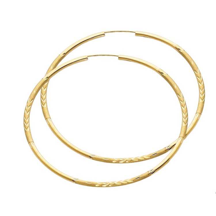 14k Yellow Gold 2MM Diamond Cut Endless Hoop Earrings 50 MM