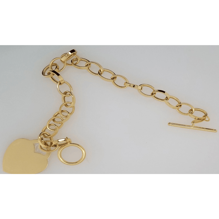 14k Solid Yellow Gold Heart Charm Tag Bracelet Rolo Oval Link Chain 7.5 Inches Womens