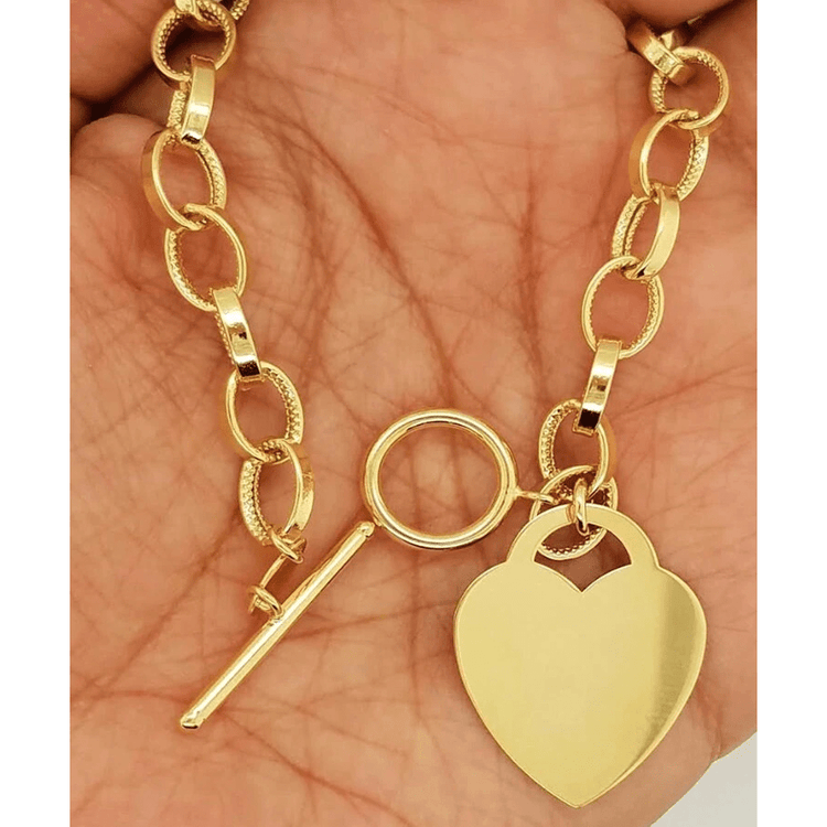 14k Solid Yellow Gold Heart Charm Tag Bracelet Rolo Oval Link Chain 7.5 Inches Womens