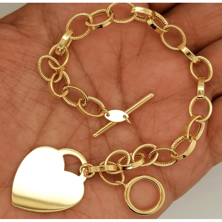 14k Solid Yellow Gold Heart Charm Tag Bracelet Rolo Oval Link Chain 7.5 Inches Womens