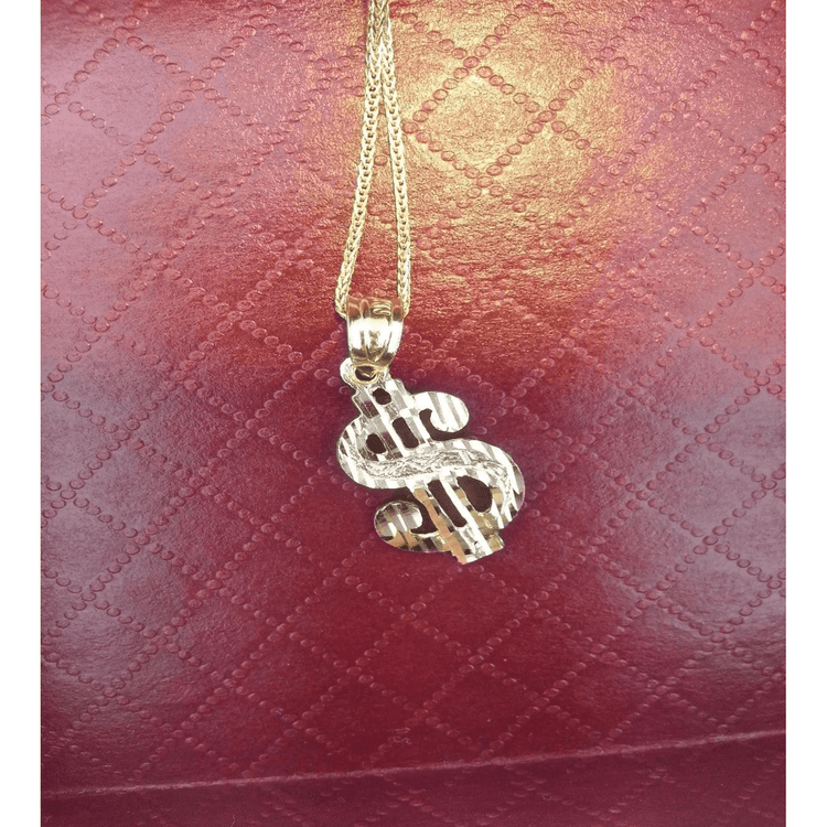 14K Solid Yellow Gold Money Dollar Sign Diamond Cut Charm Pendant For Men & Women