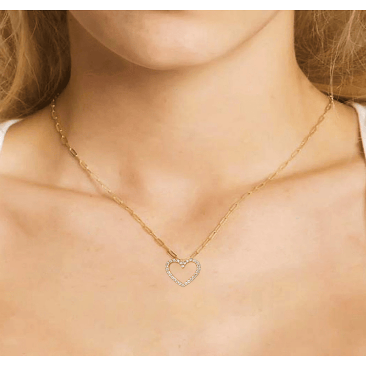 14K Solid Yellow Gold Open Heart Ladies Pendant Charm Cubic Zirconia Stones