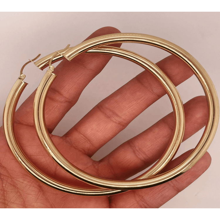 14k Yellow Gold 5MM Earrings Snap Closure Large Hoops 3 Inches 9.3 Grams