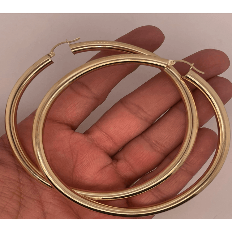 14k Yellow Gold 5MM Earrings Snap Closure Large Hoops 3 Inches 9.3 Grams