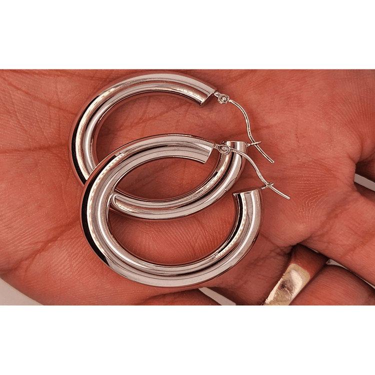 14k White Gold 5MM Earrings Snap Closure Small Hoops 1.2 Inches 4.2 Grams