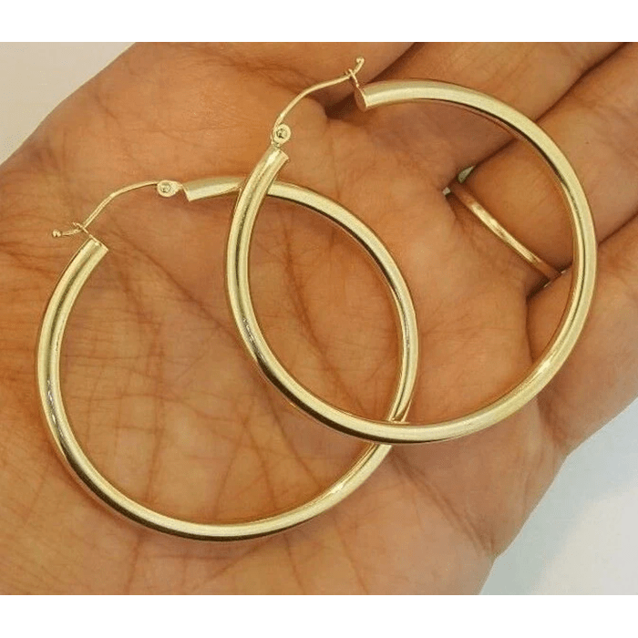 14k Yellow Gold 3MM Earrings Snap Closure Hoops 1.75 Inches