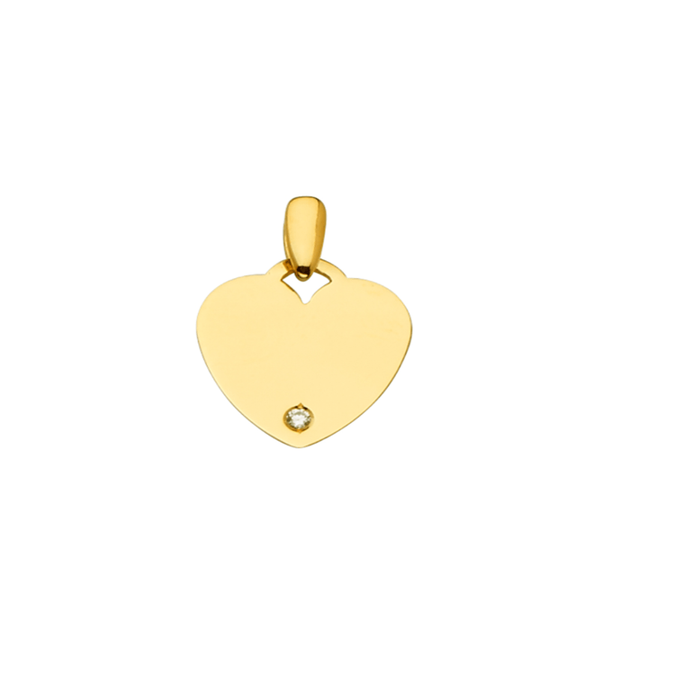 14K Solid Yellow Gold Extra Small Engraveable Heart Pendant Charm With Cubic Zirconia Stone