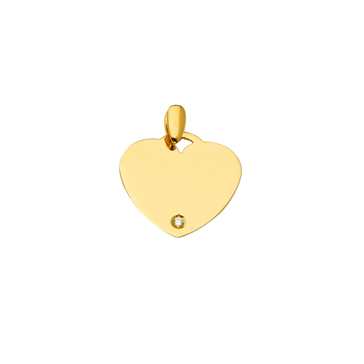 14K Solid Yellow Gold Small Engraveable Heart Pendant Charm With Cubic Zirconia Stone