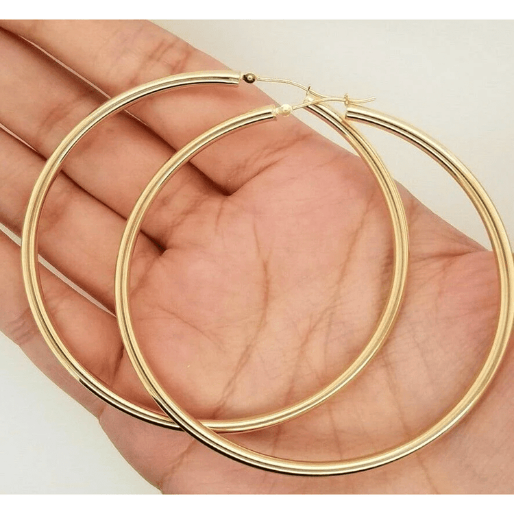 14k Yellow Gold 3MM Earrings Snap Closure Hoops 2.7 Inches 7.2 Grams