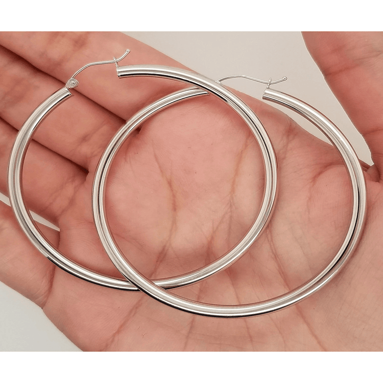 14k White Gold 3MM Earrings Snap Closure Hoops 65 MM/2.55 Inches 4.9 Grams