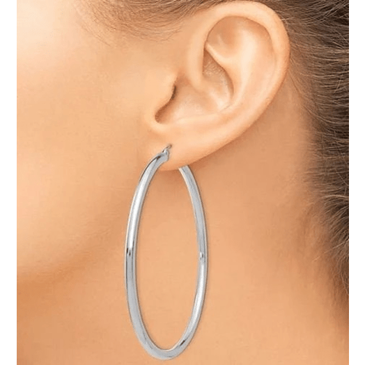 14k White Gold 3MM Earrings Snap Closure Hoops 65 MM/2.55 Inches 4.9 Grams