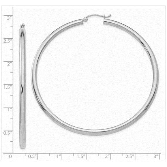 14k White Gold 3MM Earrings Snap Closure Hoops 65 MM/2.55 Inches 4.9 Grams