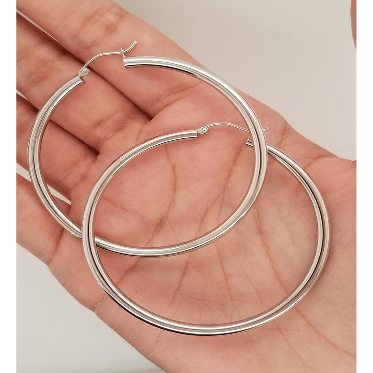 14k White Gold 3MM Earrings Snap Closure Hoops 65 MM/2.55 Inches 4.9 Grams